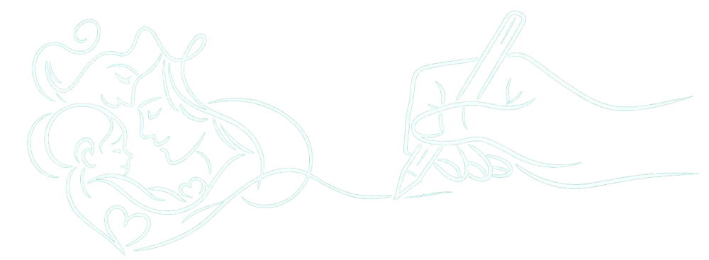 Illustration d'une main dessinant les visages de deux parents avec leur bébé.