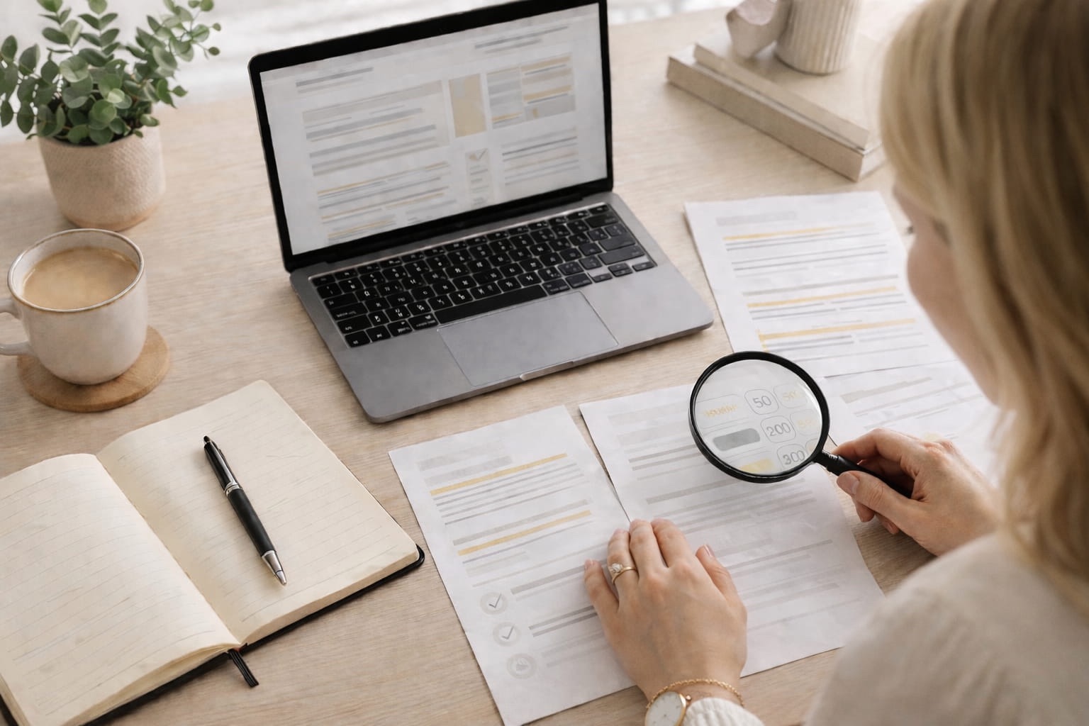 Rédactrice web spécialisée analysant des documents avec une loupe, illustrant la vérification d'un contenu de rédaction parentalité